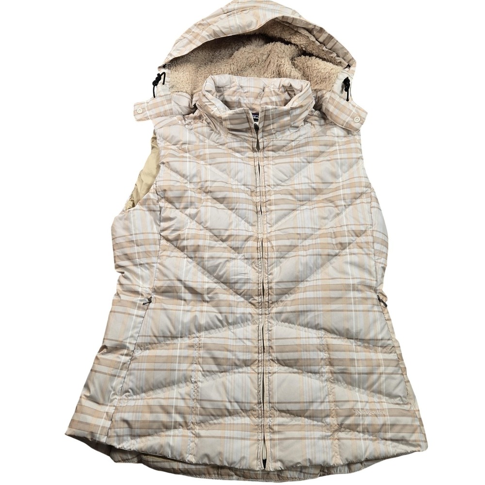 Patagonia Vest Womens Large Beige Plaid Goose Down Quilted Hooded Puffer Warm